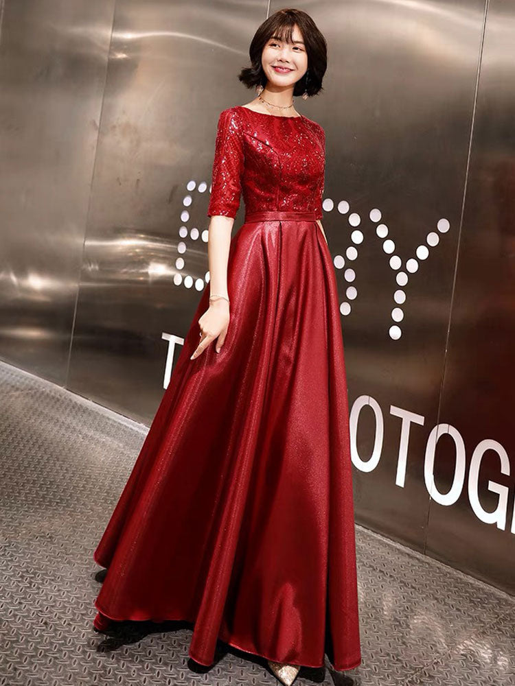 Stunning Evening Dresses Burgundy Half Sleeve Sequin Satin Floor Length Long Prom Gown