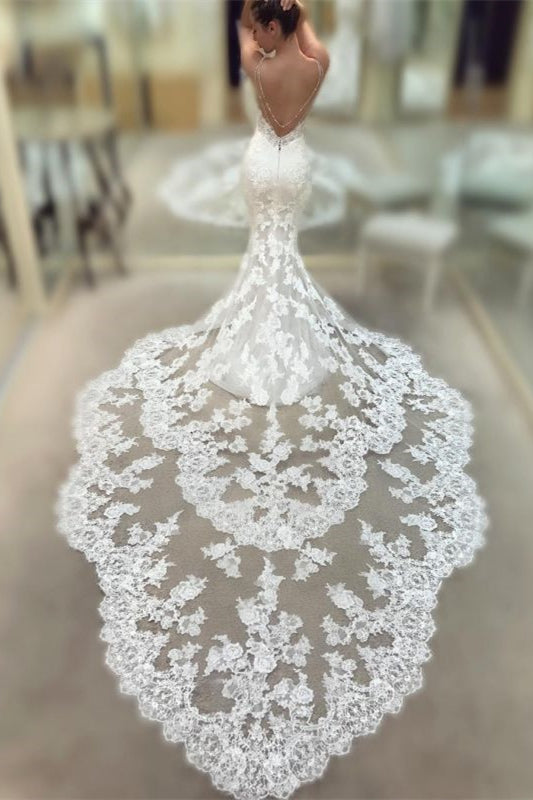Stunning Lace Mermaid Wedding Dress with Spaghetti-Straps and Open Back