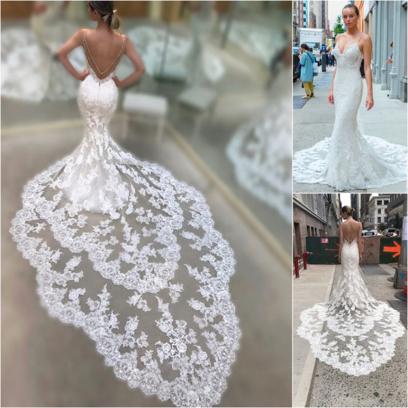 Stunning Lace Mermaid Wedding Dress with Spaghetti-Straps and Open Back