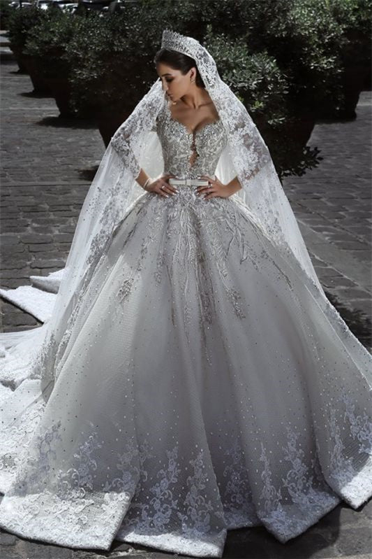 Stunning Long Sleeves Ball Gown Wedding Dress With Beads Lace Appliques