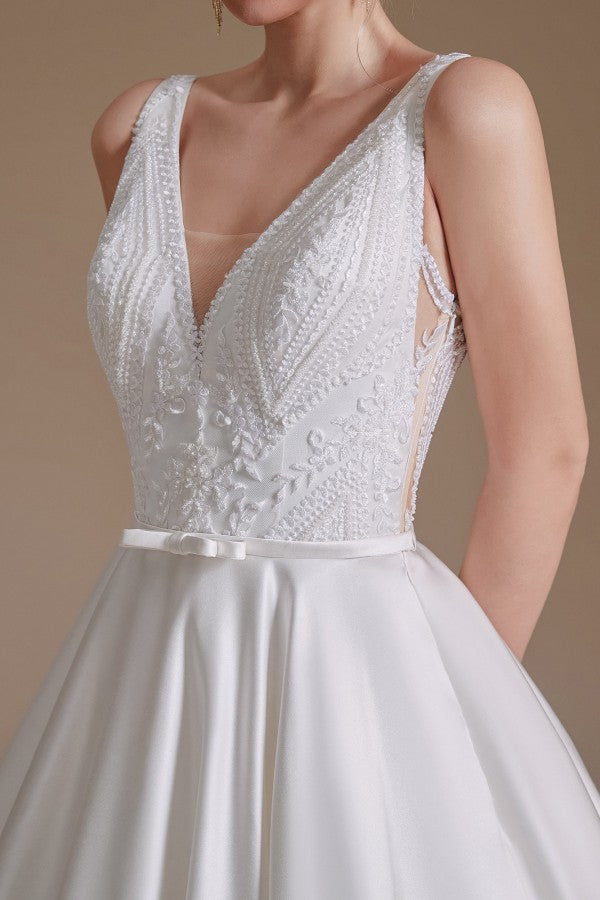 Stunning Long V-Neck Wedding Dress with Lace Appliques