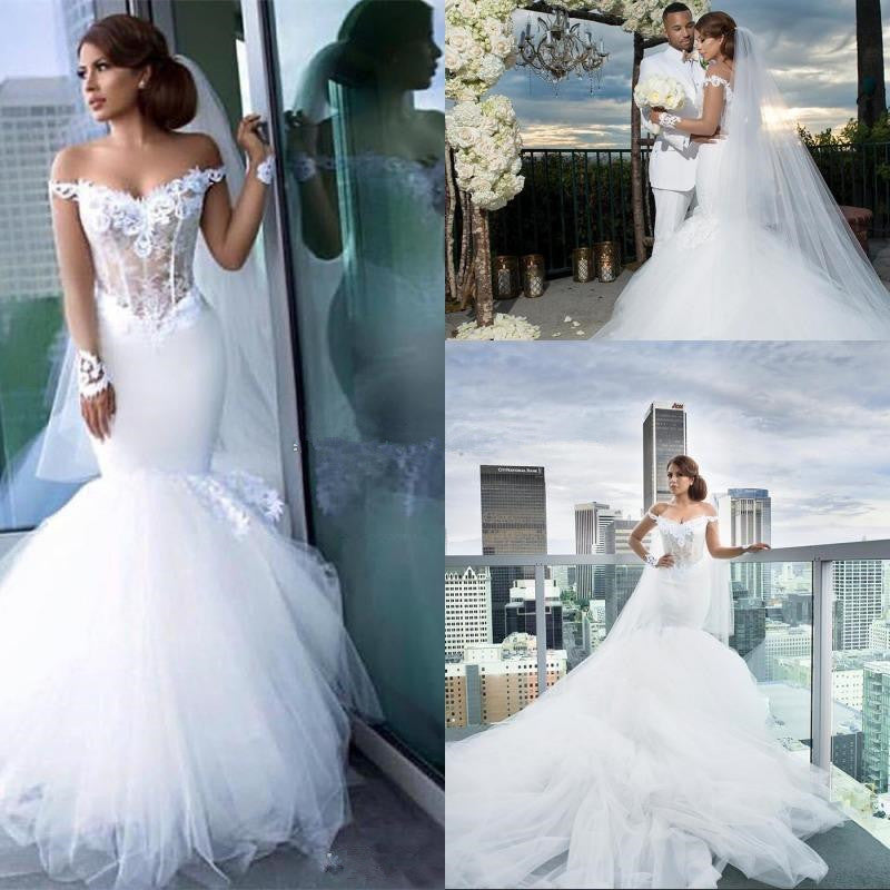 Stunning Off-the-Shoulder Mermaid Tulle Wedding Dress with Lace Appliques