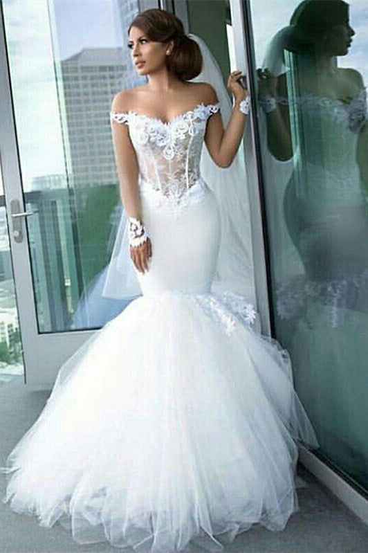 Stunning Off-the-Shoulder Mermaid Tulle Wedding Dress with Lace Appliques