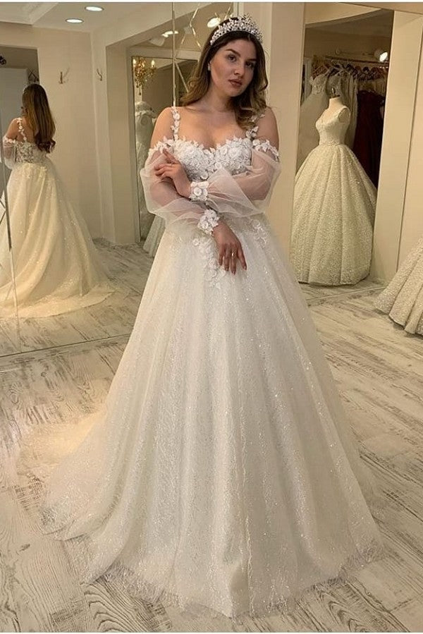 Stunning Sweetheart Spaghetti-Straps Long Wedding Dress With Sleeves