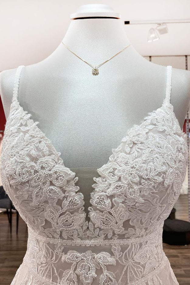 Stunning Tulle A-line V-neck Wedding Dress with Ruffles and Lace Appliques