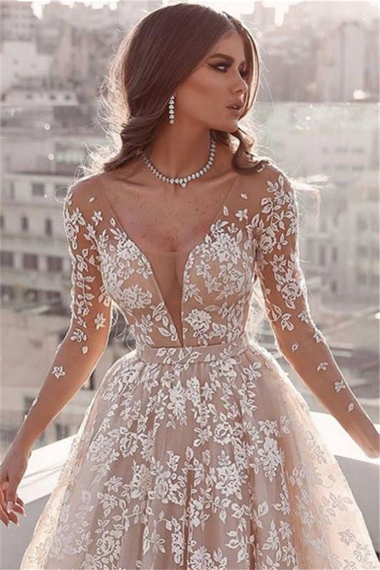 Stunning Tulle Wedding Dress With Lace Appliques V-Neck and Long Sleeves