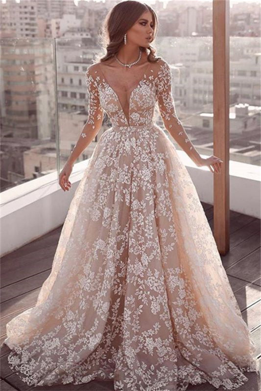 Stunning Tulle Wedding Dress With Lace Appliques V-Neck and Long Sleeves