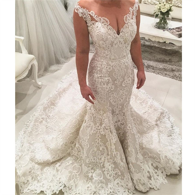 Stunning V-Neck Long Wedding Dress with Off-the-Shoulder and Lace Appliques