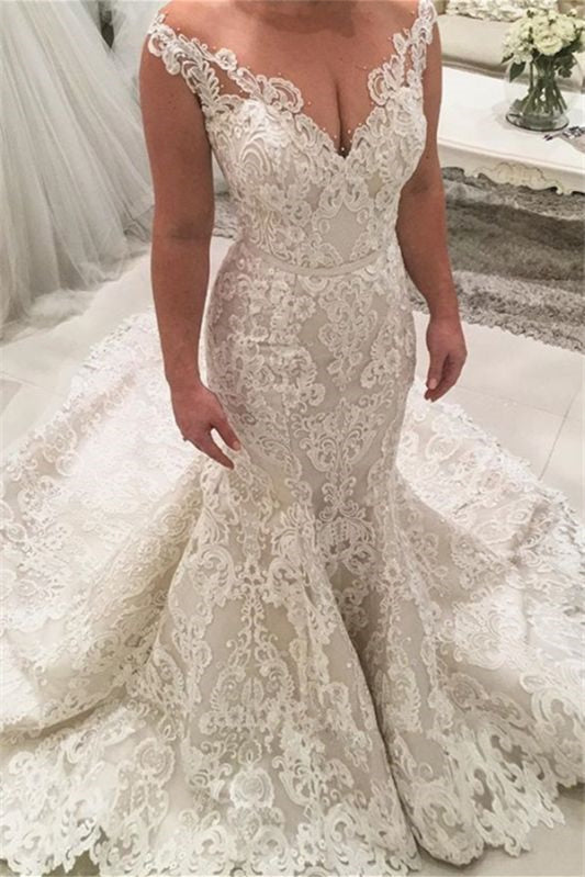 Stunning V-Neck Long Wedding Dress with Off-the-Shoulder and Lace Appliques