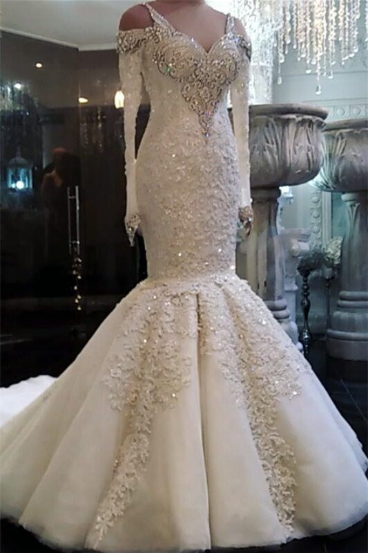 Stunning V-Neck Mermaid Wedding Dress With Beadings and Lace Appliques