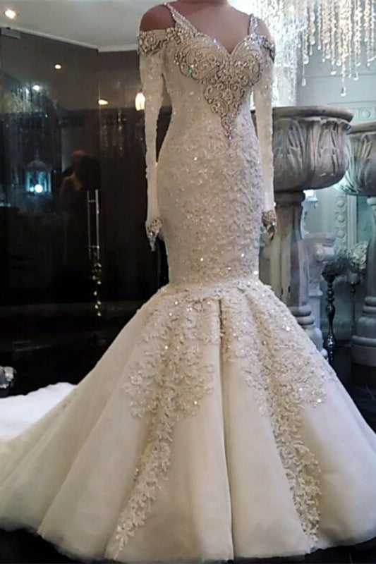 Stunning V-Neck Mermaid Wedding Dress With Beadings and Lace Appliques