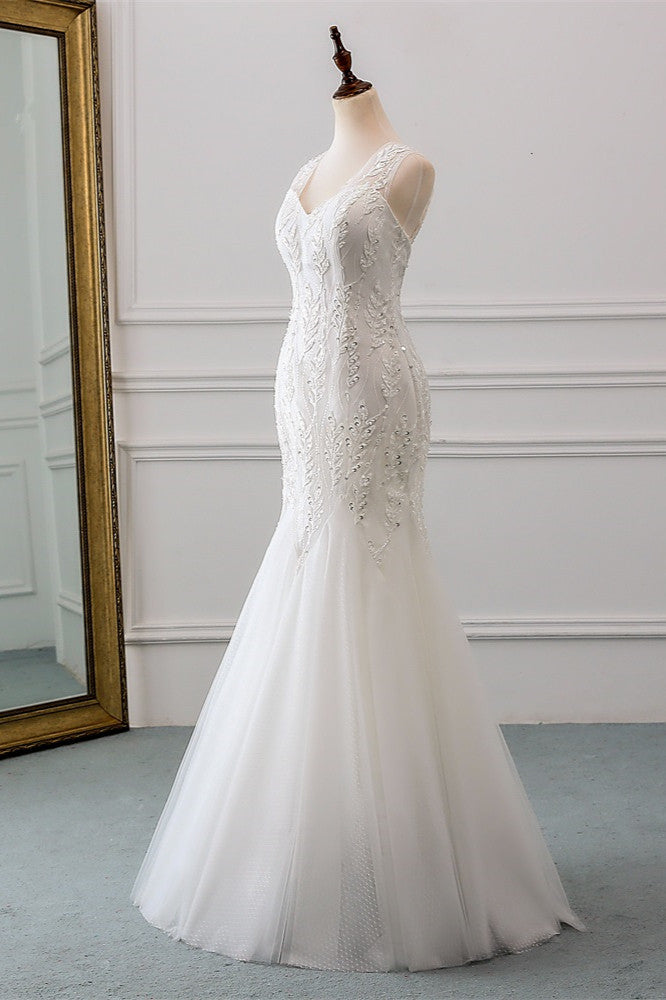 Stunning V-Neck Mermaid Wedding Dress With Beadings