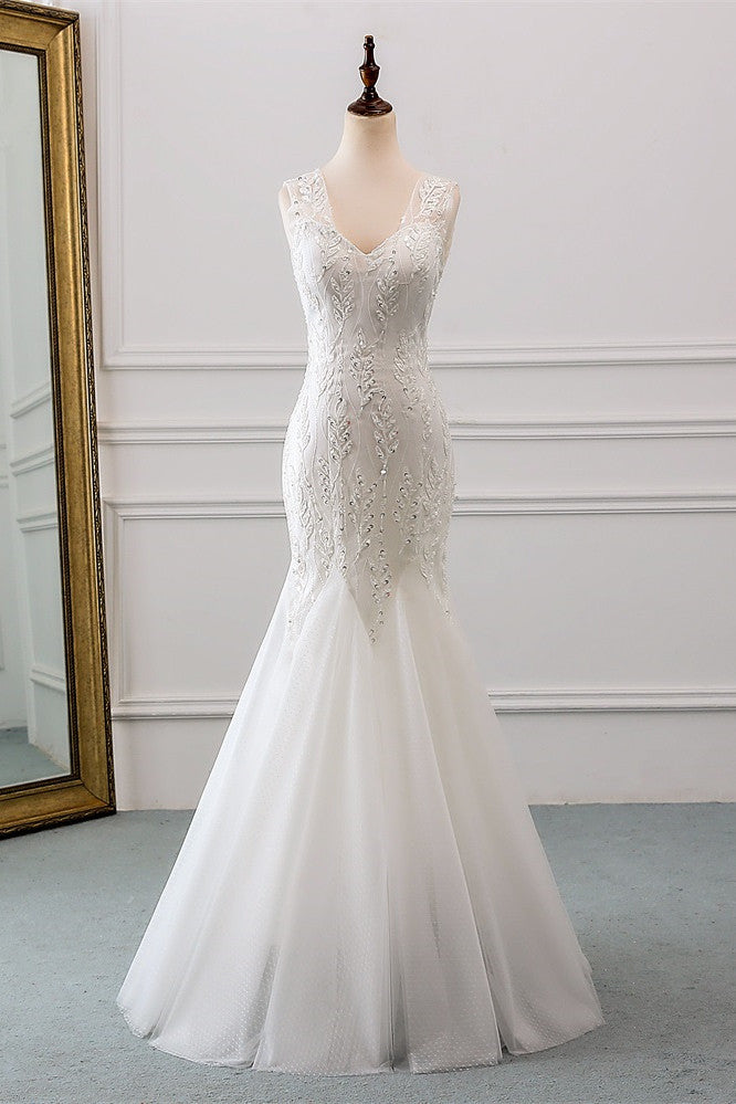 Stunning V-Neck Mermaid Wedding Dress With Beadings