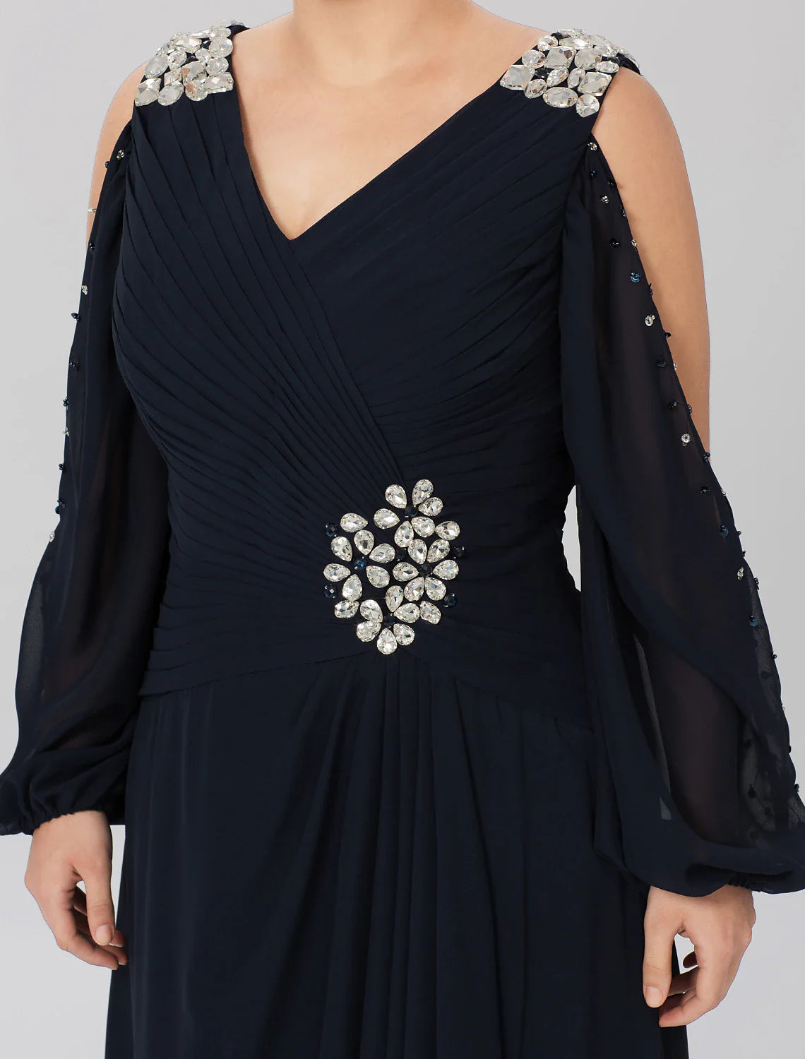 Aimishang  Sheath / Column Mother of the Bride Dress Plus Size Elegant High Low V Neck Asymmetrical Chiffon Stretch Satin Long Sleeve with Criss Cross Crystals