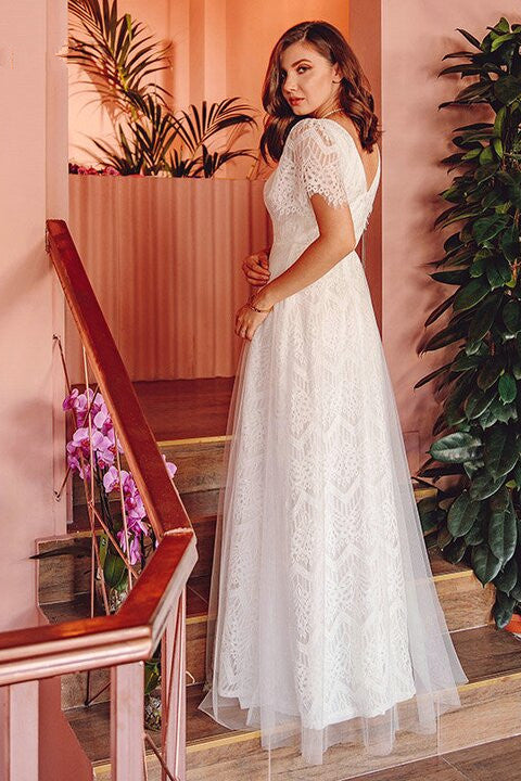 Summer Beach Lace Short Sleeve Long Wedding Dress