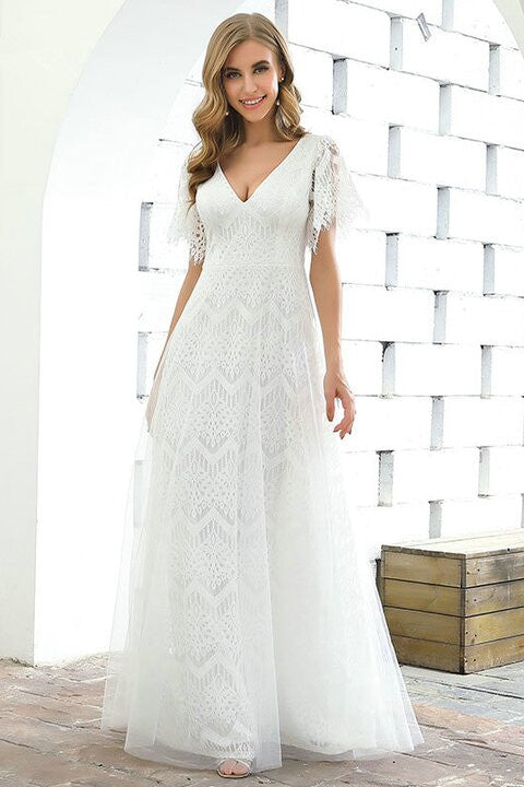 Summer Beach Lace Short Sleeve Long Wedding Dress