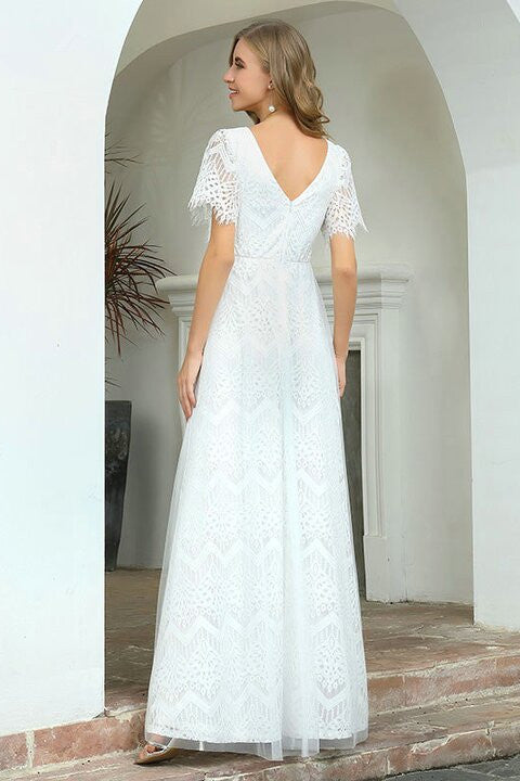 Summer Beach Lace Short Sleeve Long Wedding Dress