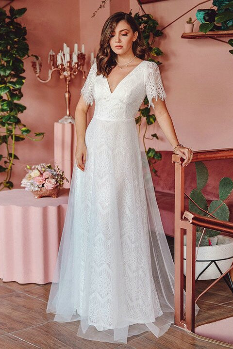 Summer Beach Lace Short Sleeve Long Wedding Dress