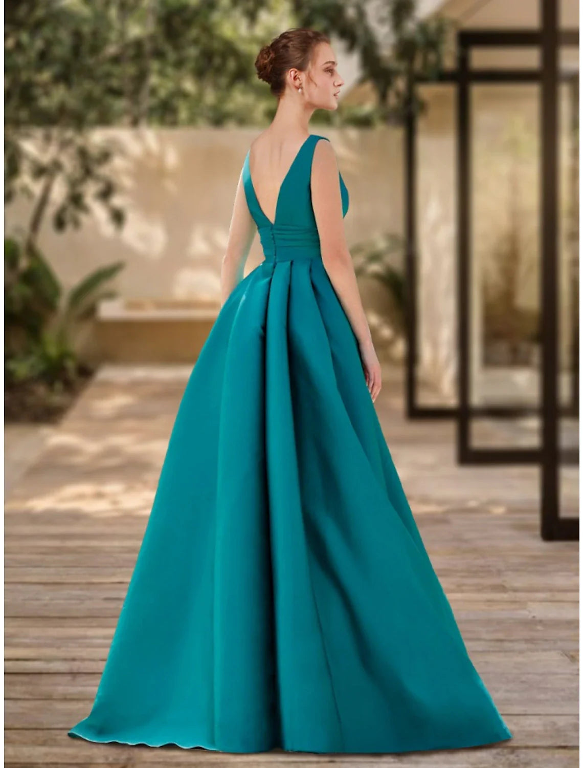 Aimishang A-Line Evening Gown Elegant Dress Formal Sweep / Brush Train Christmas Red Green Dress Sleeveless V Neck Satin with Pleats Ruched