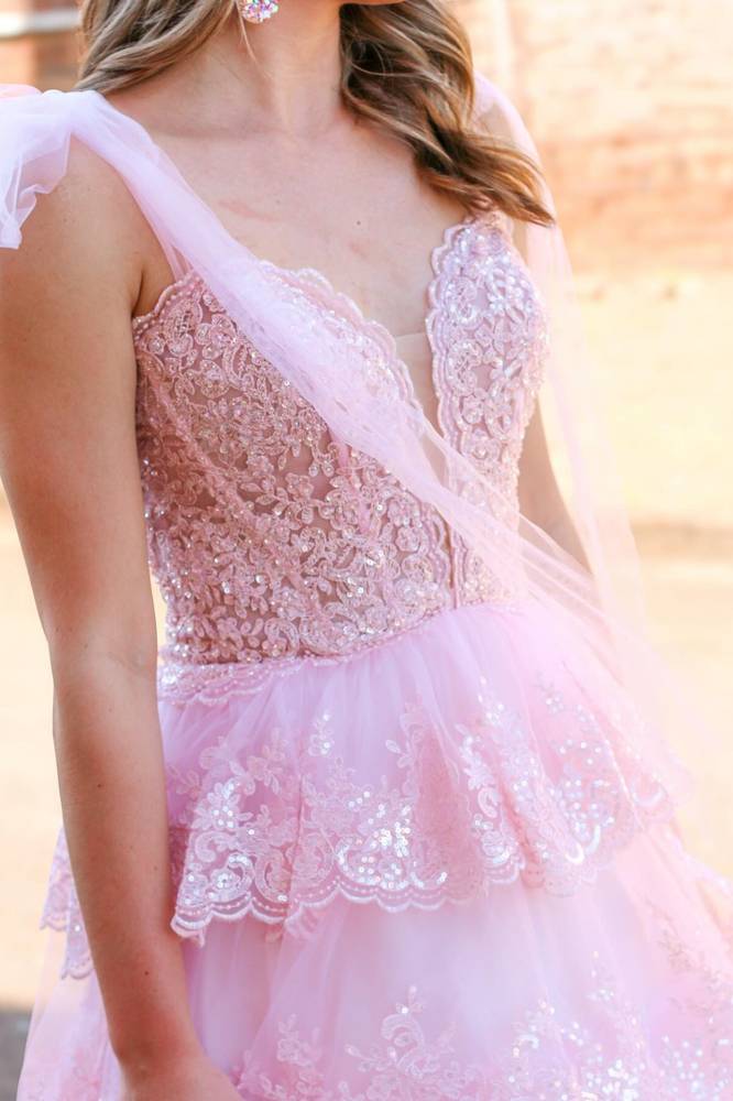 Tie Straps Light Blue Plunging Neck Layered Prom Dress with Appliques