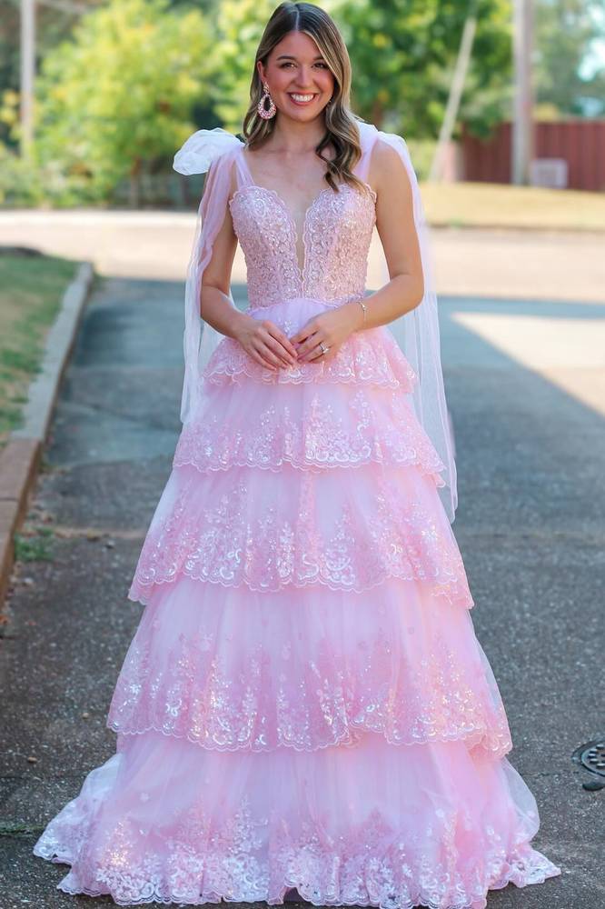 Tie Straps Light Blue Plunging Neck Layered Prom Dress with Appliques