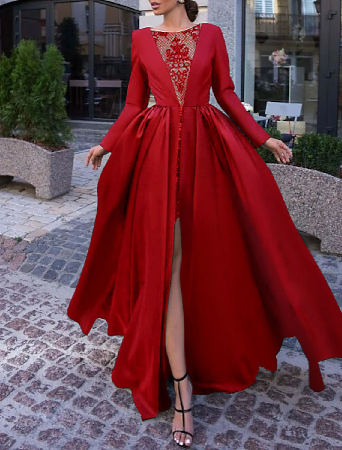 Aimishang Ball Gown Evening Gown Black Dress Vintage Halloween Wedding Party Sweep / Brush Train Long Sleeve Illusion Neck Wednesday Addams Family Satin with Slit Overskirt