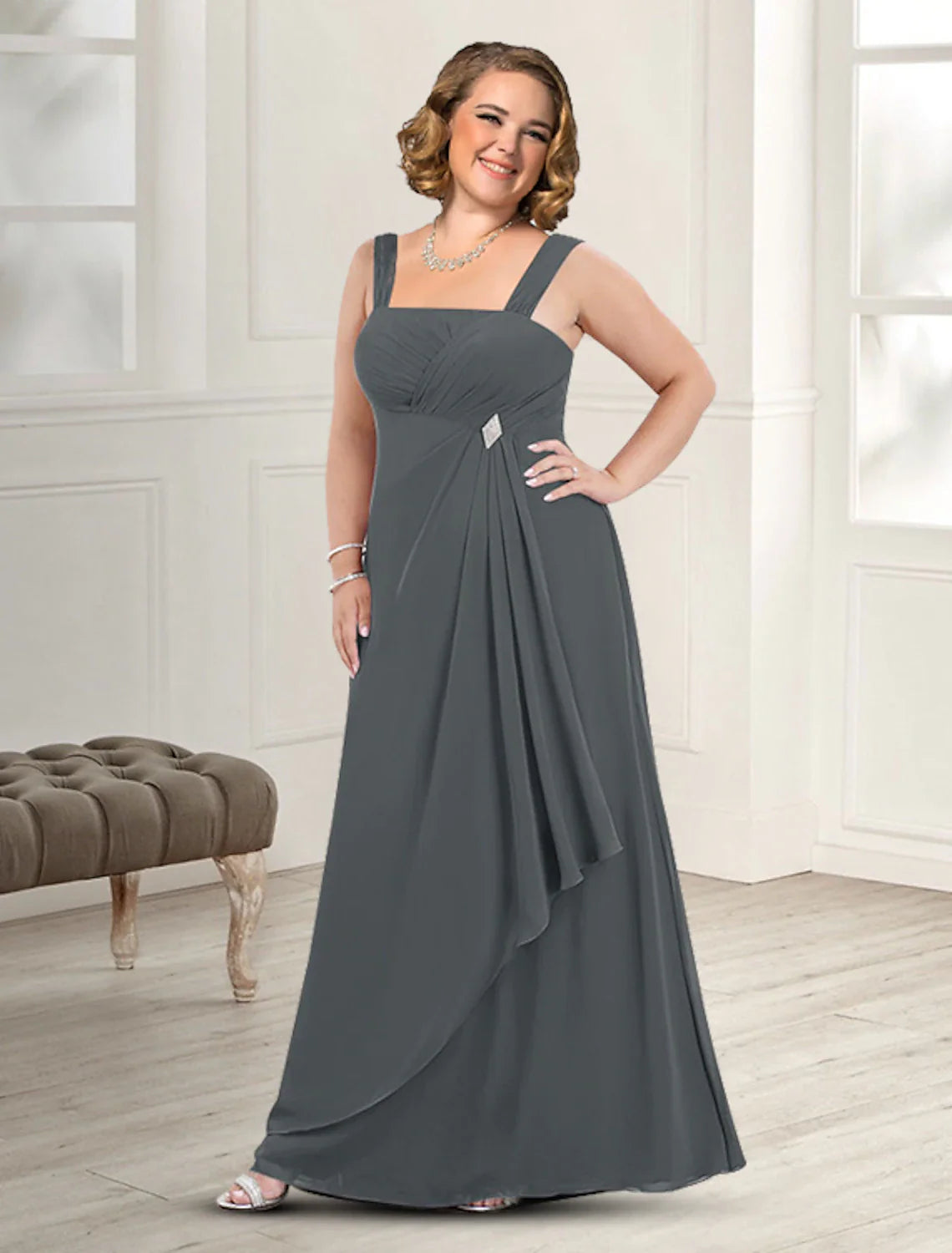 Aimishang  Two Piece A-Line Mother of the Bride Dress Fall Wedding Guest Dresses Plus Size Elegant Square Neck Floor Length Chiffon Sleeveless Jacket Dresses with Pleats
