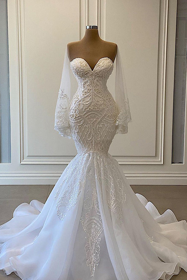 Sweetheart Strapless Lace Mermaid Wedding Dress With Pearls Beadings