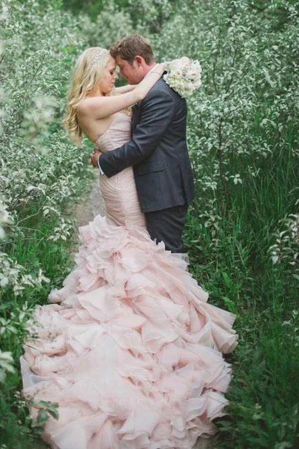 Sweetheart Tiered Train Organza Mermaid Pink Wedding Dress with Beading