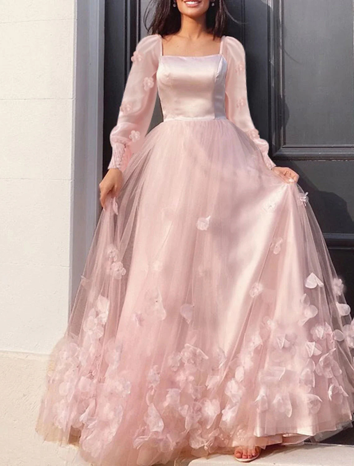 A-Line Prom Dresses Maxi Dress Wedding Guest Sweet 16 Floor Length Long Sleeve Scoop Neck Tulle with Appliques Butterfly 2025