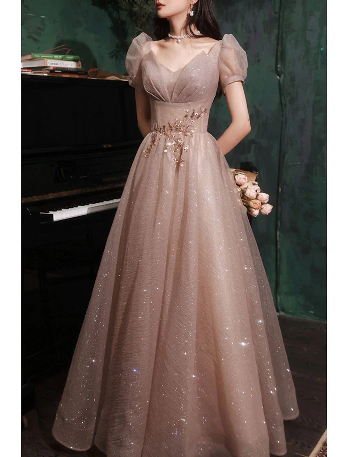Aimishang A-Line Prom Dresses Gowns Evening Dresses Valentine's Day Wedding Guest Floor Length Short Sleeve V Neck Tulle with Sequin