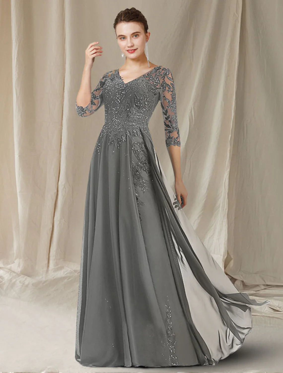 A-Line Mother of the Bride Dress Elegant V Neck Floor Length Chiffon Lace Sequined Half Sleeve with Sequin Appliques