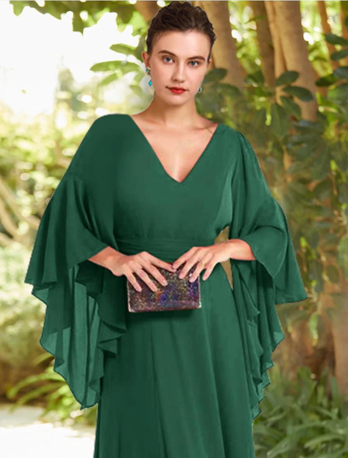 Aimishang  A-Line Mother of the Bride Dress Formal Wedding Guest Elegant V Neck Floor Length Chiffon 3/4 Length Sleeve with Ruched