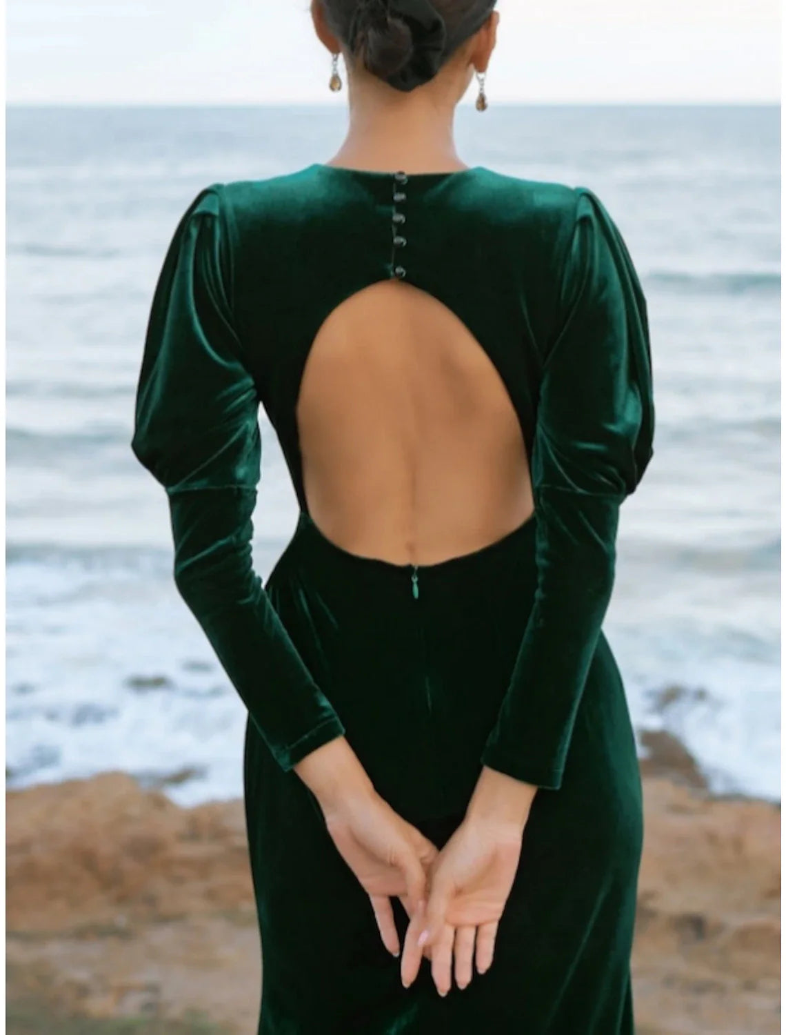 A-Line Evening Gown Elegant Dress Formal Fall Floor Length Long Sleeve Jewel Neck Velvet with Ruched