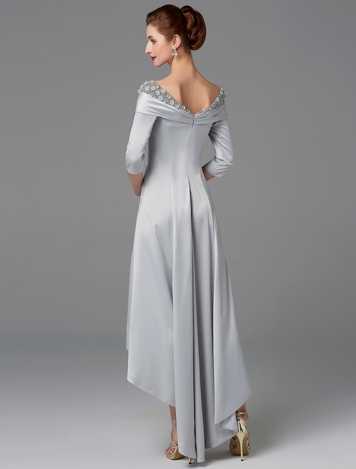 Aimishang A-Line Mother of the Bride Dress Sparkle & Shine High Low Off Shoulder Asymmetrical Satin Half-Sleeve with Lace Crystals