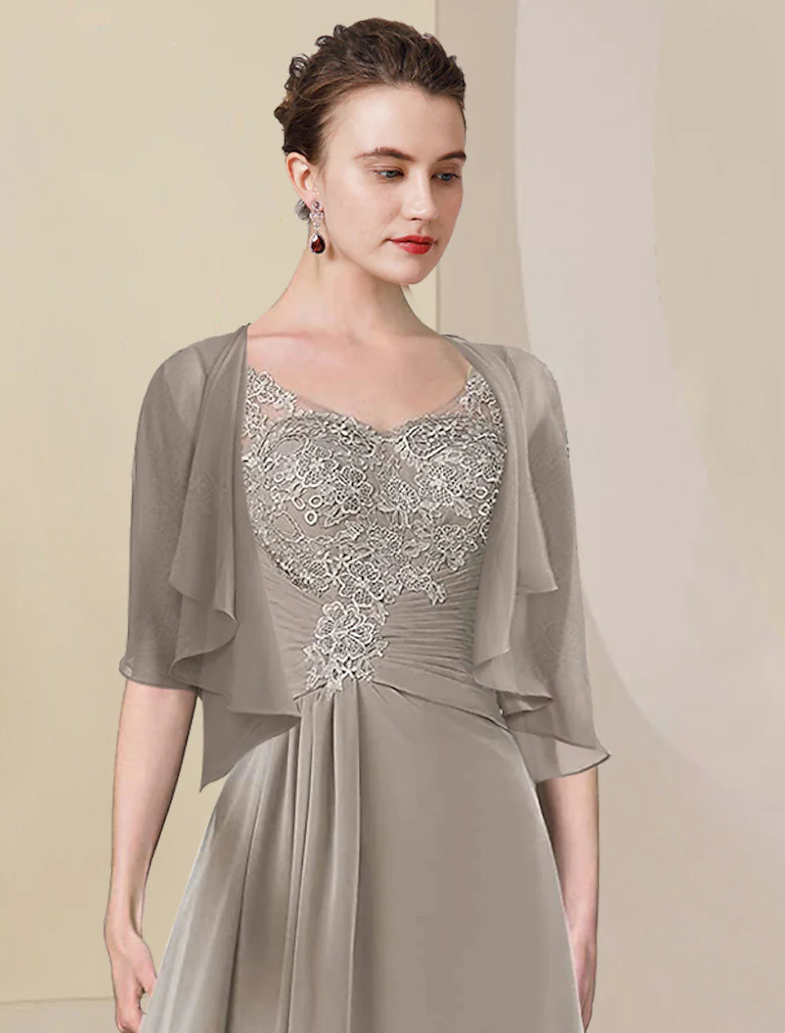 Aimishang Two Piece A-Line Mother of the Bride Dress Formal Wedding Guest Elegant High Low V Neck Asymmetrical Tea Length Chiffon Lace Half Sleeve Wrap Included with Ruched Appliques