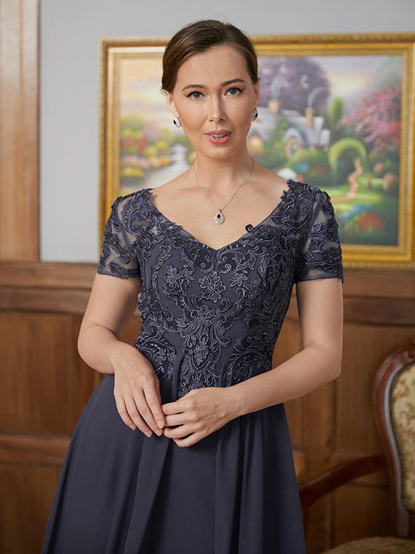 Aimishang A-Line/Princess Chiffon Applique V-neck Short Sleeves Floor-Length Mother of the Bride Dresses