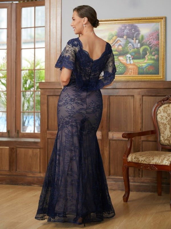 Aimishang Sheath/Column Silk like Satin Lace V-neck Short Sleeves Floor-Length Mother of the Bride Dresses