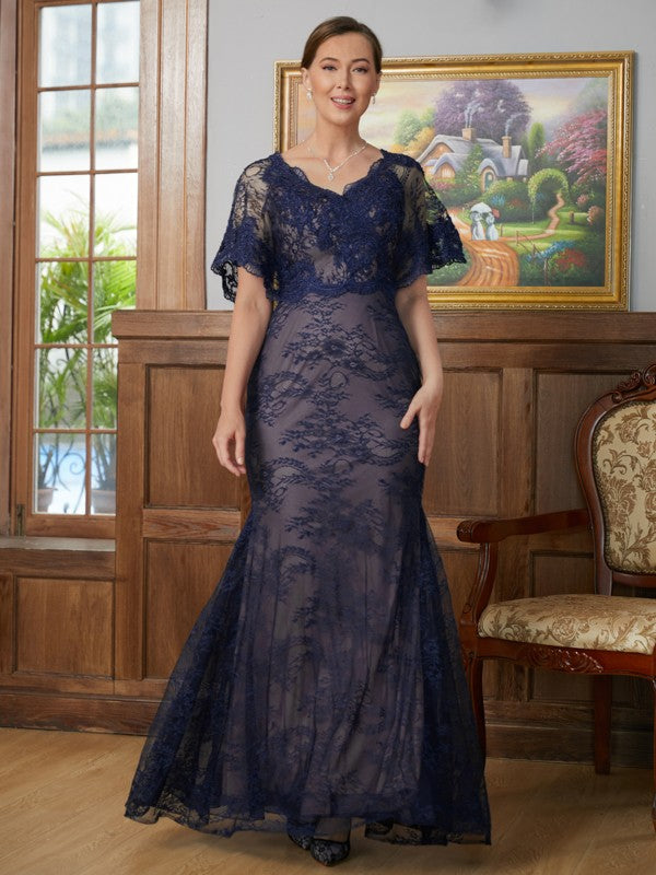 Aimishang Sheath/Column Silk like Satin Lace V-neck Short Sleeves Floor-Length Mother of the Bride Dresses