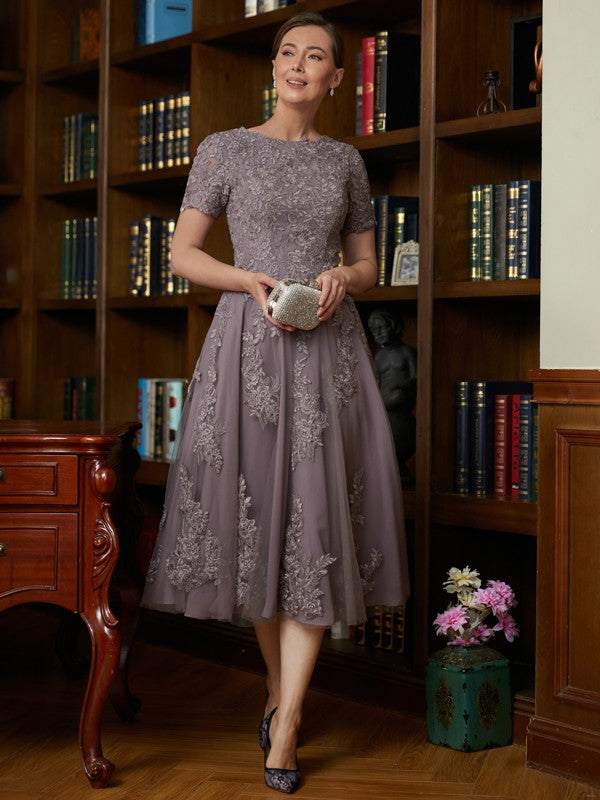 Aimishang A-Line/Princess Chiffon Lace Scoop Short Sleeves Tea-Length Mother of the Bride Dresses