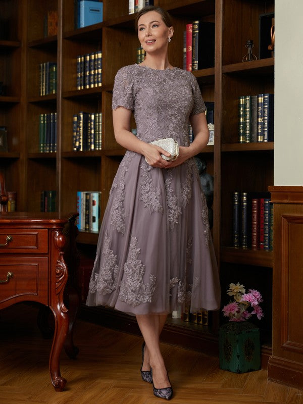 Aimishang A-Line/Princess Chiffon Lace Scoop Short Sleeves Tea-Length Mother of the Bride Dresses