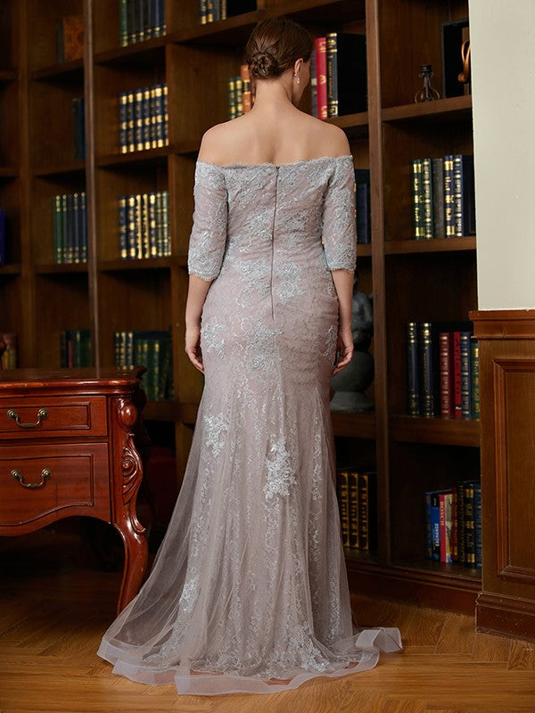 Aimishang Sheath/Column Lace Applique Off-the-Shoulder 3/4 Sleeves Sweep/Brush Train Mother of the Bride Dresses