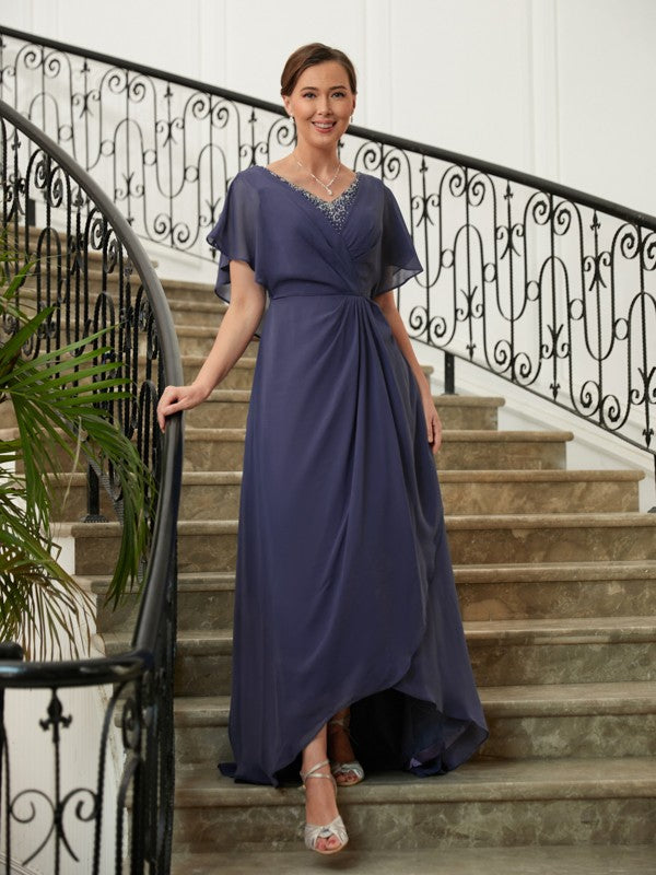 Aimishang A-Line/Princess Chiffon Beading V-neck Short Sleeves Asymmetrical Mother of the Bride Dresses