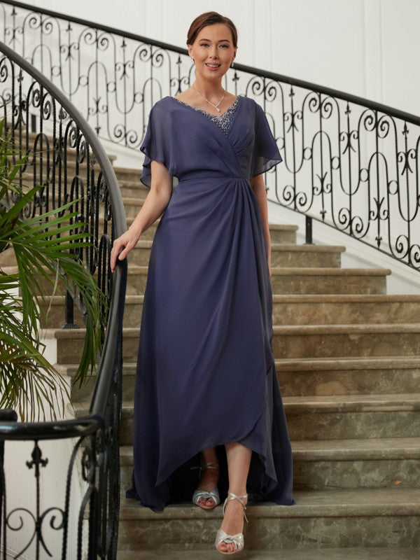 Aimishang A-Line/Princess Chiffon Beading V-neck Short Sleeves Asymmetrical Mother of the Bride Dresses
