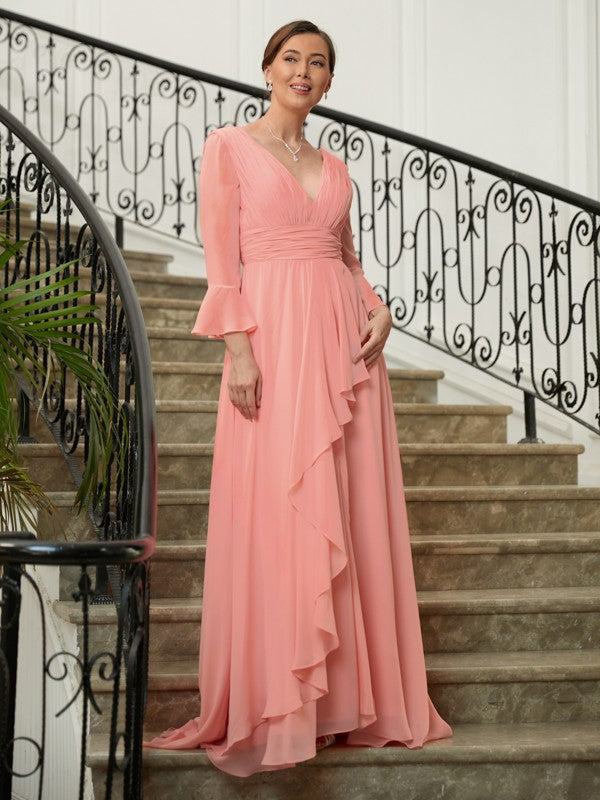 Aimishang A-Line/Princess Chiffon Ruched V-neck Long Sleeves Sweep/Brush Train Mother of the Bride Dresses