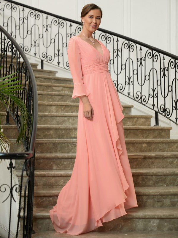 Aimishang A-Line/Princess Chiffon Ruched V-neck Long Sleeves Sweep/Brush Train Mother of the Bride Dresses