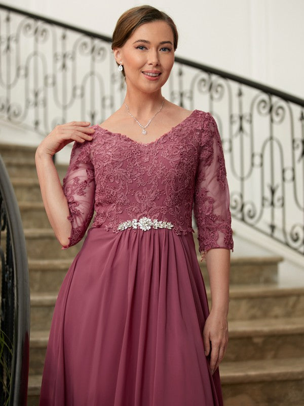 Aimishang A-Line/Princess Chiffon Lace V-neck 3/4 Sleeves Floor-Length Mother of the Bride Dresses