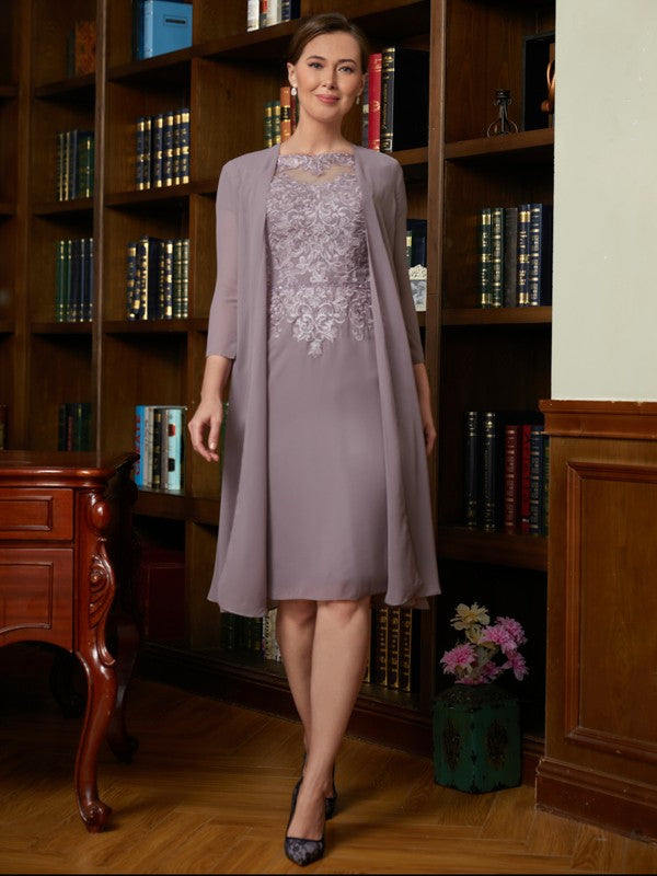 Aimishang Sheath/Column Chiffon Lace Scoop Short Sleeves Knee-Length Mother of the Bride Dresses