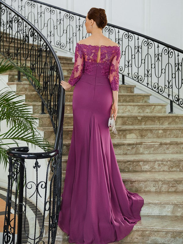 Aimishang Sheath/Column Chiffon Applique Off-the-Shoulder 3/4 Sleeves Sweep/Brush Train Mother of the Bride Dresses