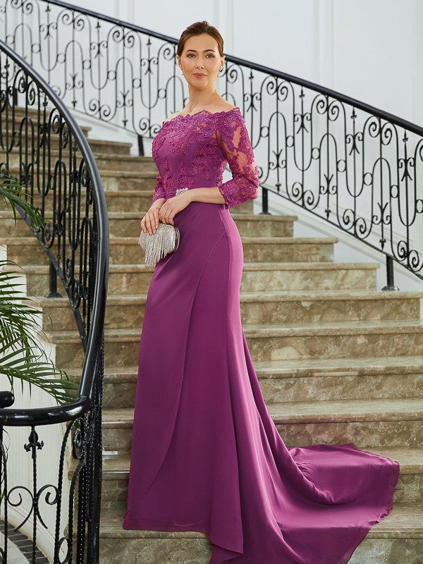 Aimishang Sheath/Column Chiffon Applique Off-the-Shoulder 3/4 Sleeves Sweep/Brush Train Mother of the Bride Dresses